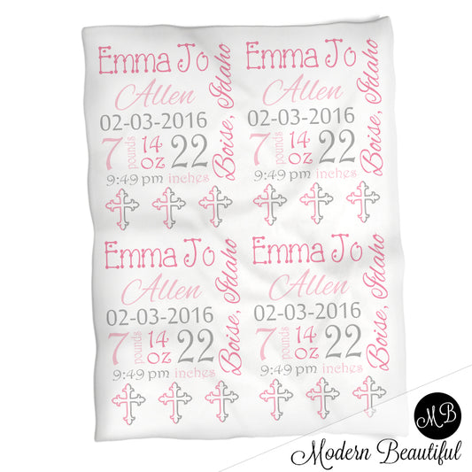Baptism Baby Stats Blanket Pink