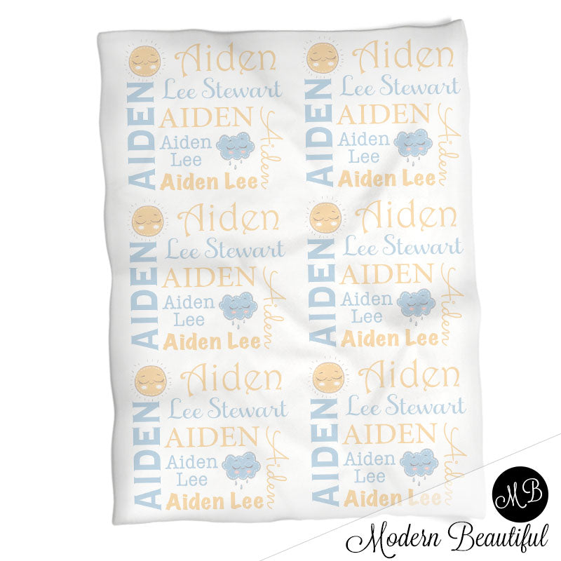 Sun and cloud baby name blanket, blue and yellow, sunshine baby blanket, baby swaddling blankets, baby girl or boy, baby name blanket, baby shower gift, (CHOOSE COLORS)