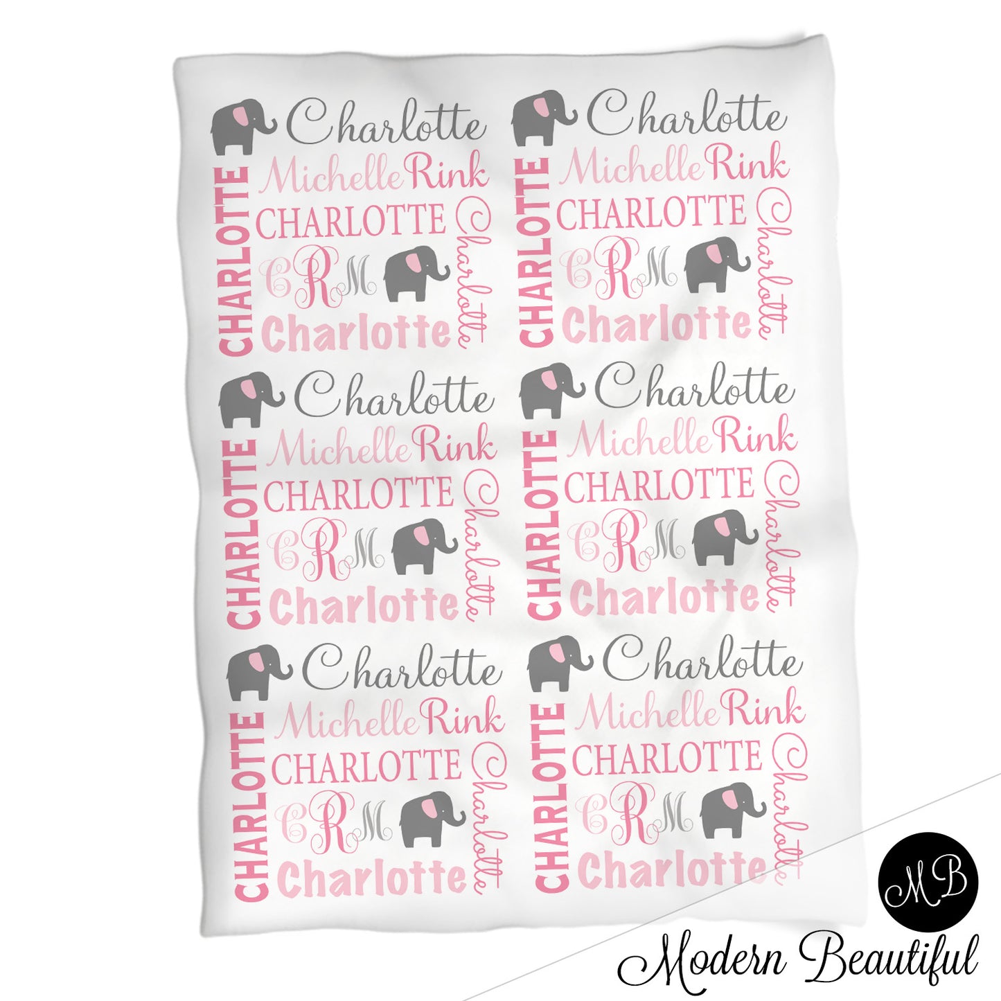 Personalized Elephant Baby Name Blanket Girl Pink