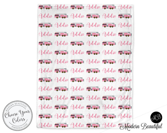 Personalized Pink Firetruck Blanket