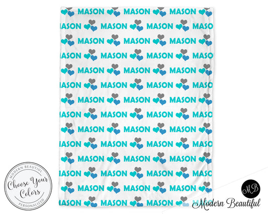 Personalized Hearts Baby Name Blanket Boy