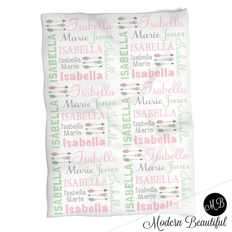 Feather Arrow Name Blanket in pink mint and gray for Baby Girl, personalized baby gift, baby blanket, personalized blanket, choose colors