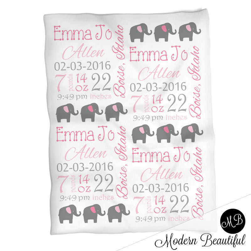 Elephant Baby Stats Blanket Girl