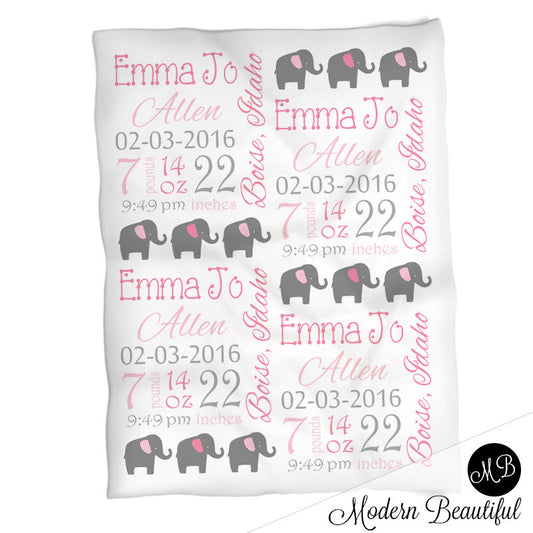 Elephant Baby Stats Blanket Girl