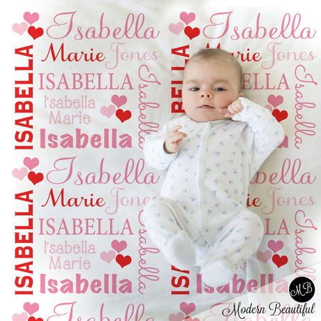 Valentine Hearts Name Blanket Baby Girl in red and pink, personalized baby gift, blanket, baby blanket, personalized blanket, choose colors