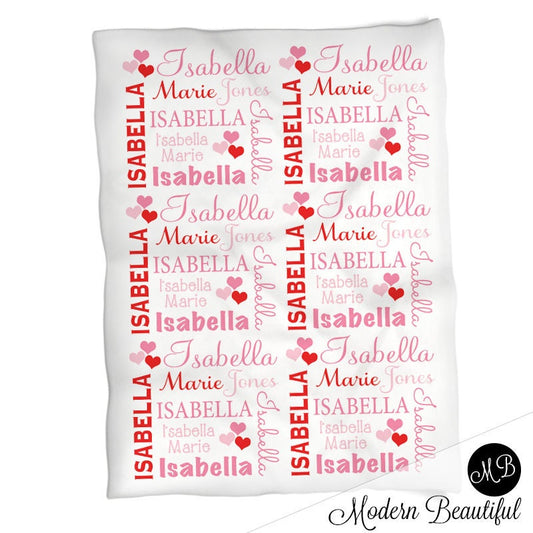 Personalized Pink and Red Hearts Baby Name Blanket Girl