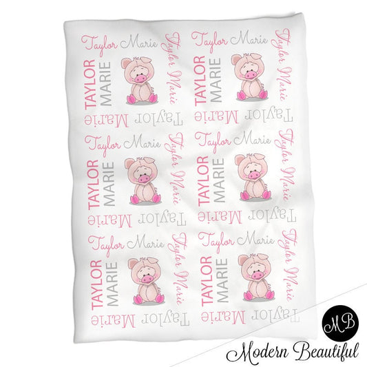 Personalized Girl Pig Baby Name Blanket Girl