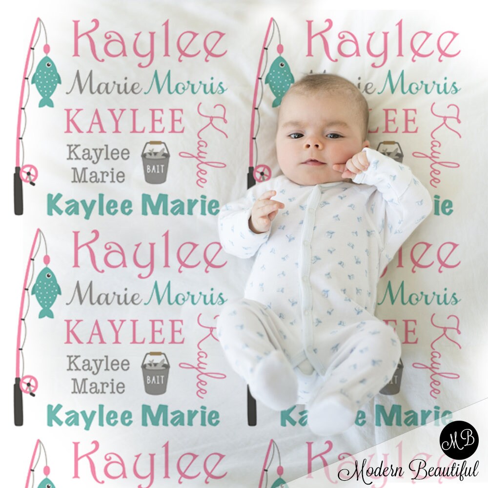 Baby girl fishing baby blanket, personalized fishing swaddle blanket, fishing pole newborn blanket with name, fishing gift (CHOOSE COLORS)