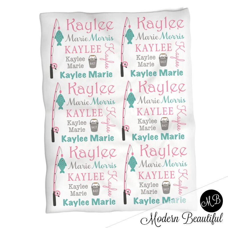 Baby girl fishing baby blanket, personalized fishing swaddle blanket, fishing pole newborn blanket with name, fishing gift (CHOOSE COLORS)