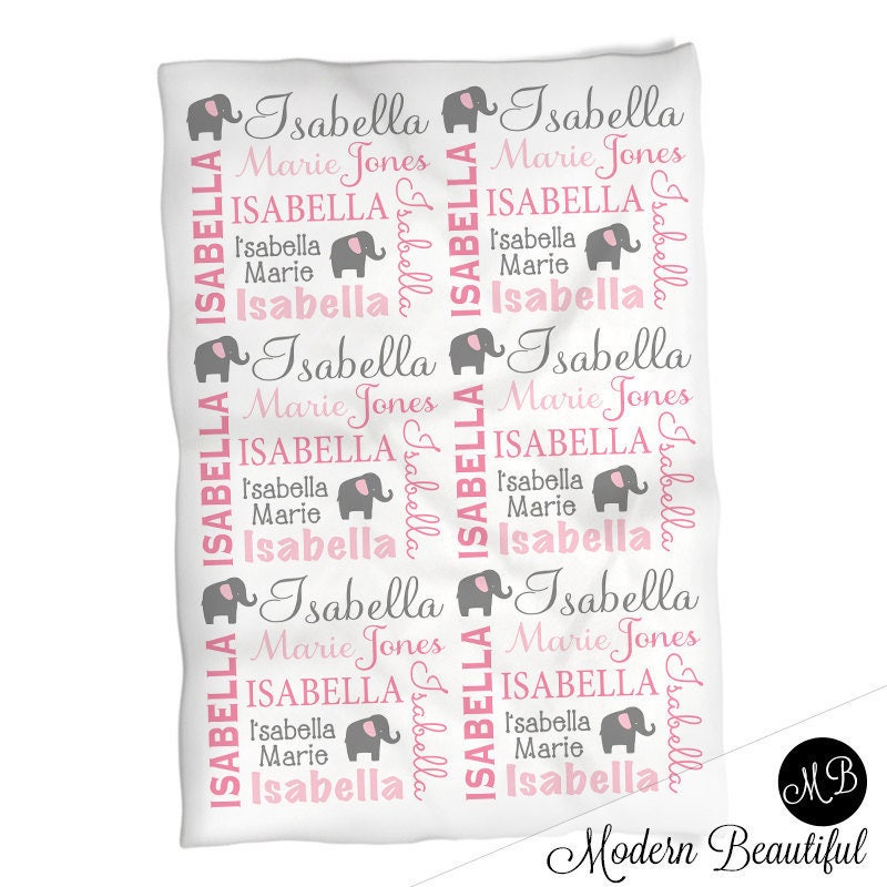 Elephant baby blanket with name, personalized girl elephant blanket, newborn baby gift, pink and gray baby girls blanket, (CHOOSE COLORS)
