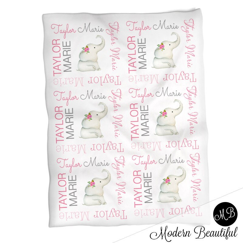 Elephant baby girls name blanket, personalized pink floral elephant blanket, newborn elephant swaddle, elephant baby gift, (CHOOSE COLORS)