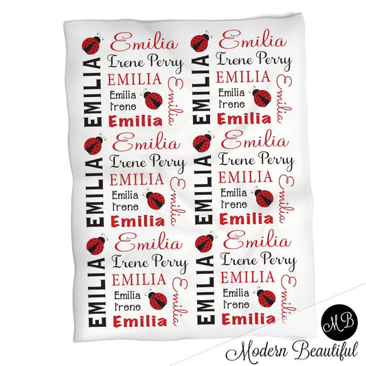 Personalized Ladybug Baby Name Blanket Girl Red
