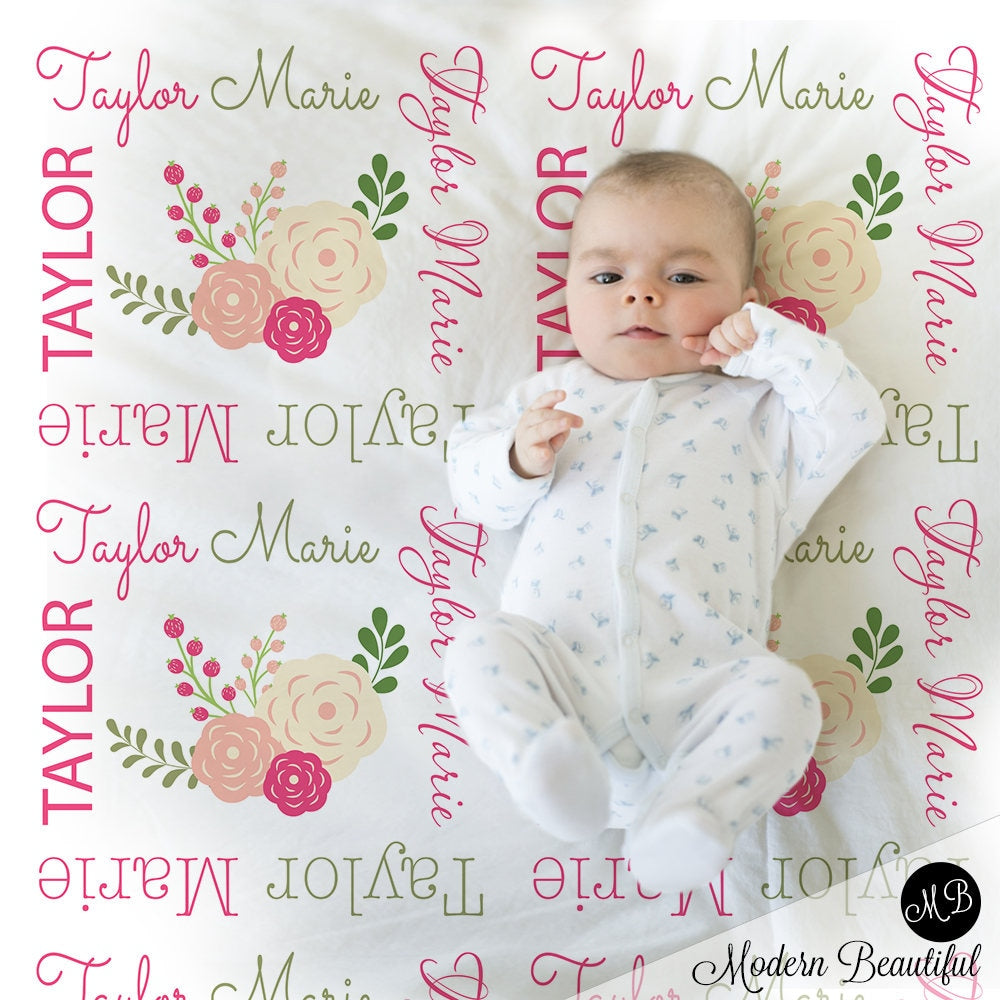 Personalized Flowers Baby Name Blanket Girl