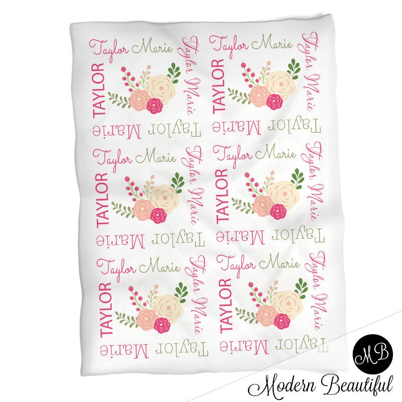 Personalized Flowers Baby Name Blanket Girl