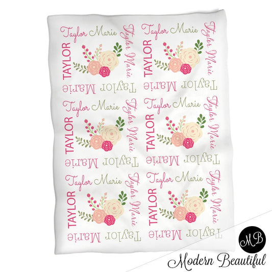 Personalized Flowers Baby Name Blanket Girl
