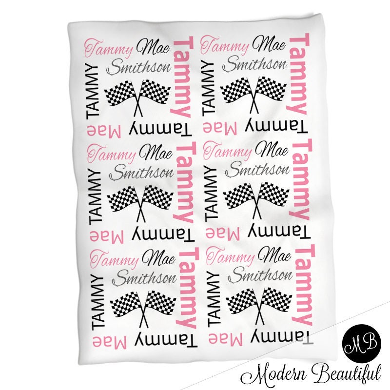 Personalized Race Flags Baby Name Blanket Girl Car Race Pink