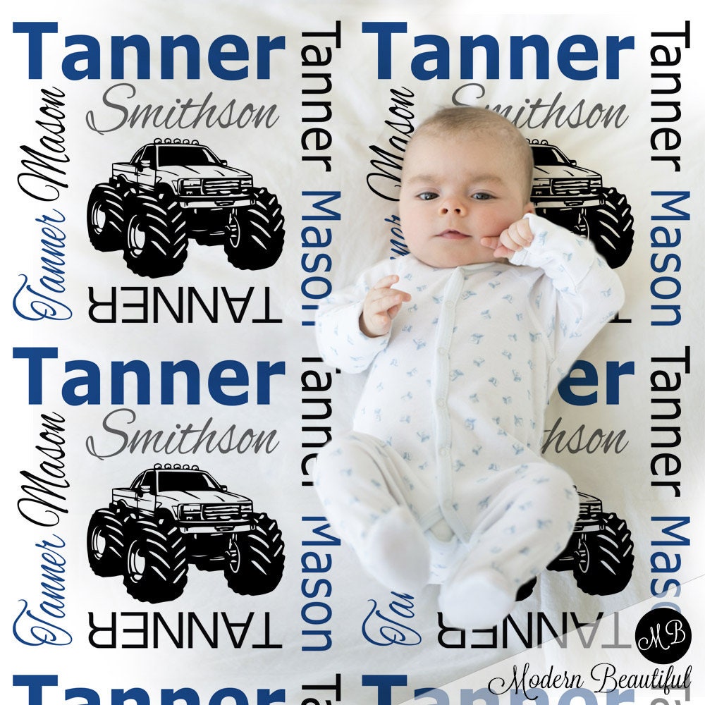 Personalized Monster Truck Baby Name Blanket Boy