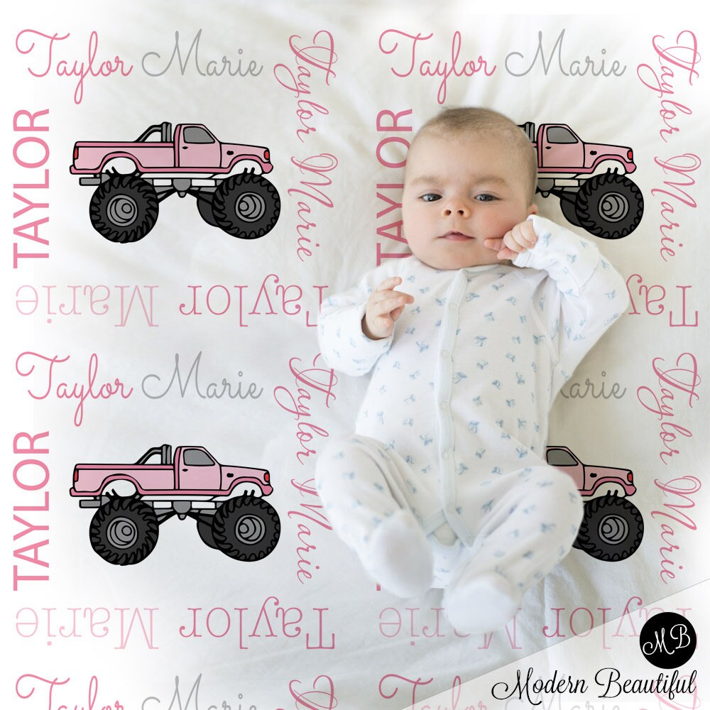 Monster truck baby blanket, truck baby blanket, girl blanket, pink truck blanket, monster truck gift, personalized baby gift, CHOOSE COLOR
