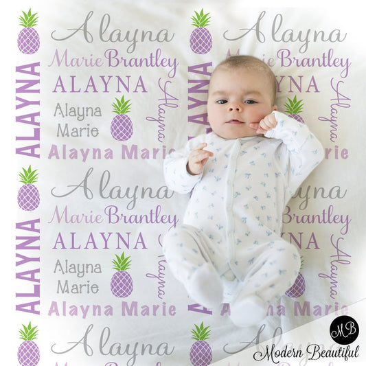 Personalized Pineapple Baby Name Blanket Girl Purple
