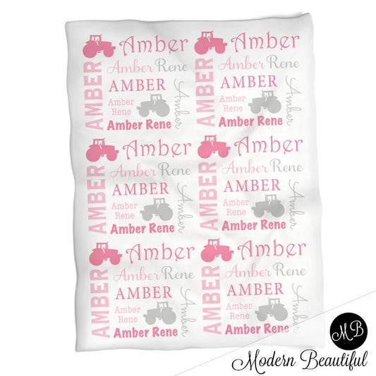 Personalized Pink Tractor Baby Name Blanket Girl
