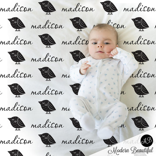 Personalized Bird Baby Name Blanket Girl Black and White