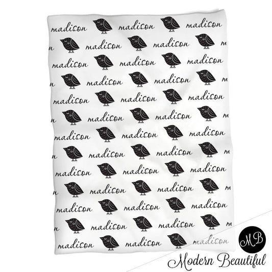 Personalized Bird Baby Name Blanket Girl Black and White