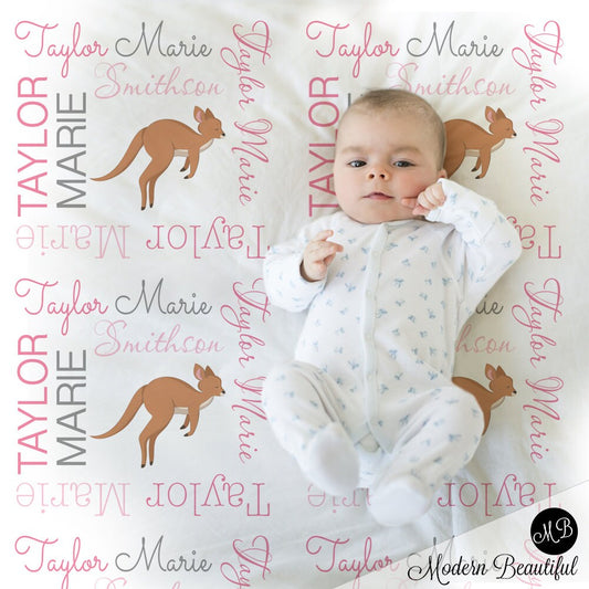 Personalized Kangaroo Australia Baby Name Blanket Girl