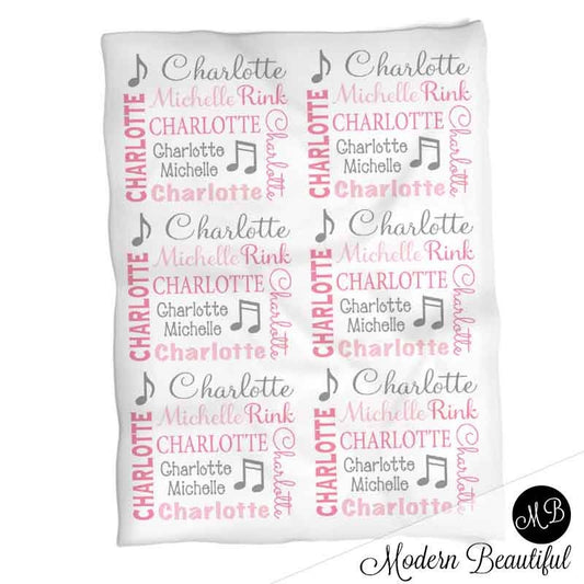 Personalized Music Notes Baby Name Blanket Girl