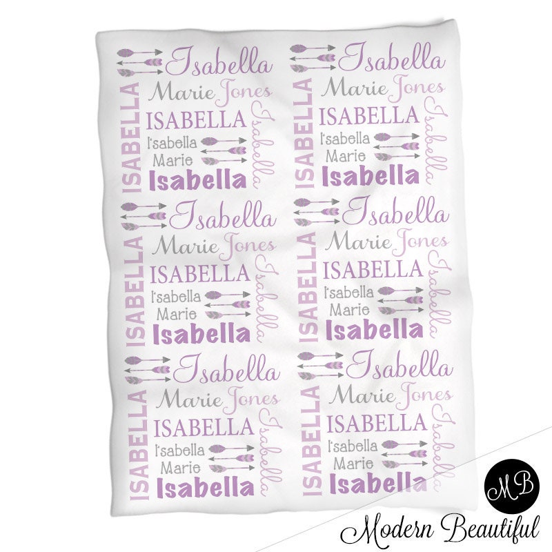 Feather Arrow Name Blanket in purple and gray for Baby Girl, personalized baby gift, baby blanket, personalized blanket, choose colors