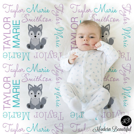 Wolf personalized baby girl blanket, newborn name blanket with wolves, purple and teal animal baby gift, wolf theme swaddle, (CHOOSE COLORS)