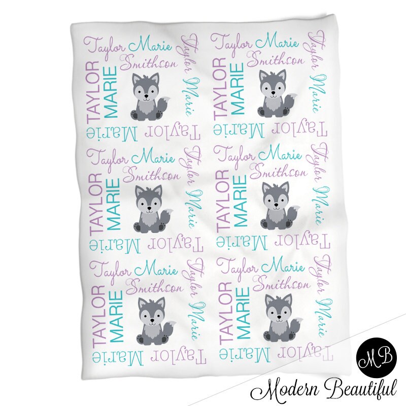 Wolf personalized baby girl blanket, newborn name blanket with wolves, purple and teal animal baby gift, wolf theme swaddle, (CHOOSE COLORS)