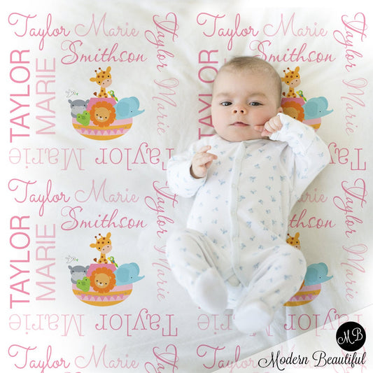 Personalized Noah Ark Baby Name Blanket Girl
