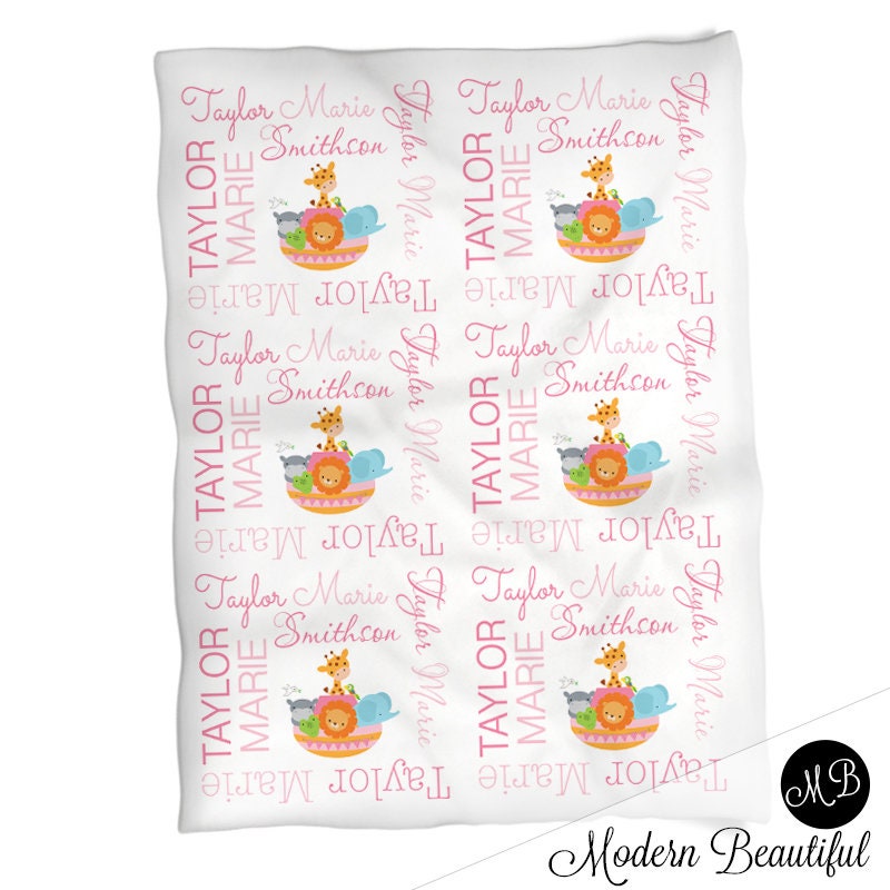Personalized Noah Ark Baby Name Blanket Girl
