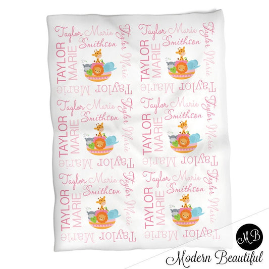 Personalized Noah Ark Baby Name Blanket Girl