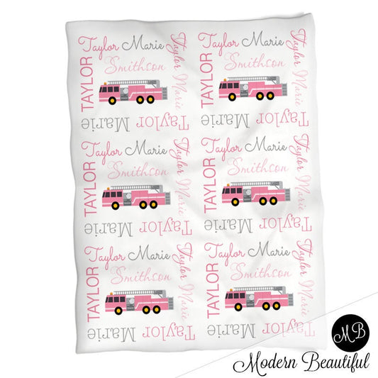 Personalized Baby girl firetruck Baby Name Blanket Girl