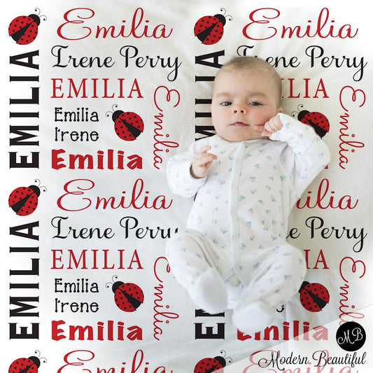 Personalized Ladybug Baby Name Blanket Girl Red