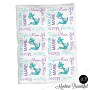 Anchor baby girl blanket, nautical personalized newborn anchors blanket, aqua and purple, boys or girls, nautical baby gift, (CHOOSE COLORS)