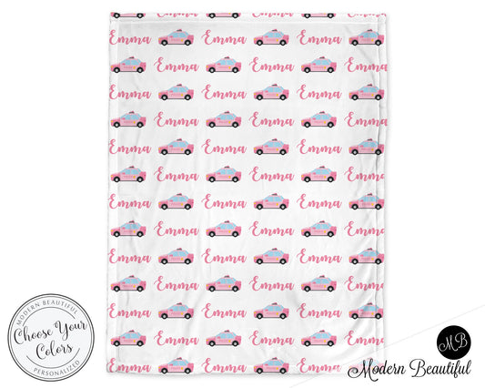 Personalized Police Cars Baby Name Blanket Girl