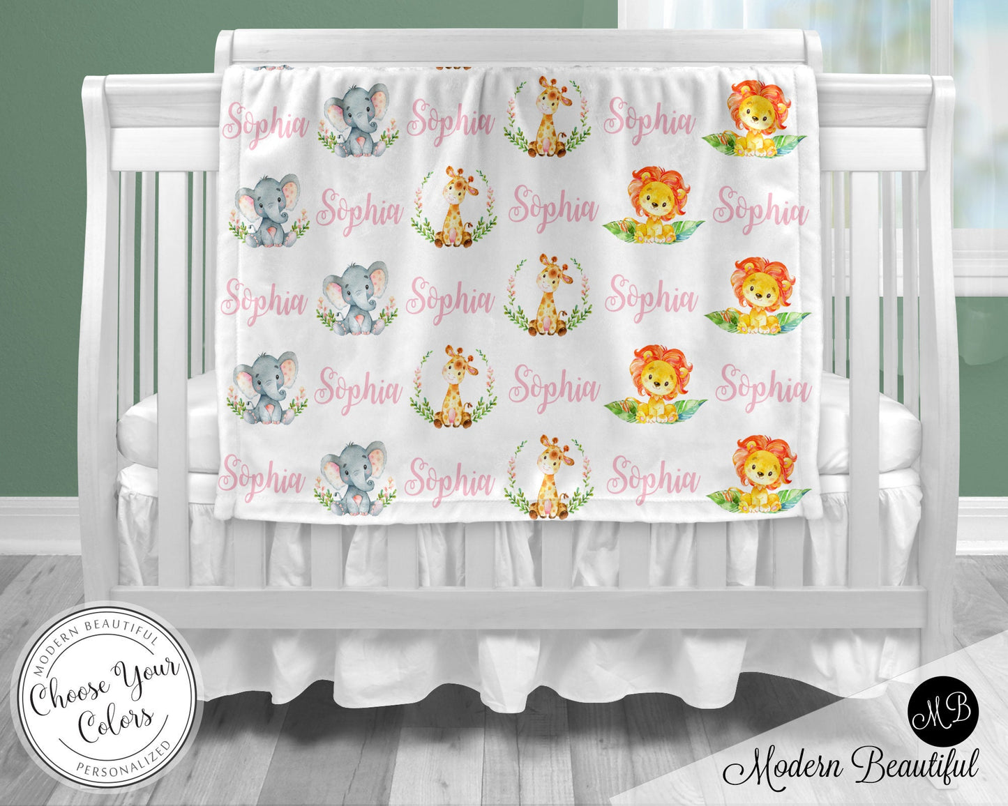 Safari Animals blanket, baby girl, elephant, lion, giraffe, baby gift, personalized baby blanket, safari girl, jungle animals, baby gift