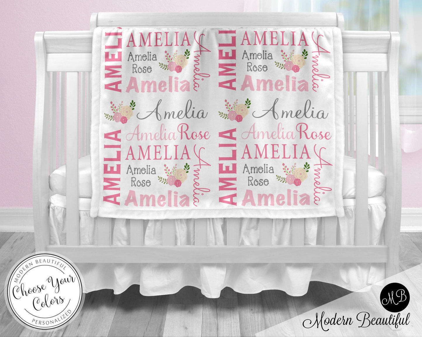 Chic flower baby girl blanket, personalized flower swaddle blanket with name, newborn baby girl gift with chic pink flowers, (CHOOSE COLORS)