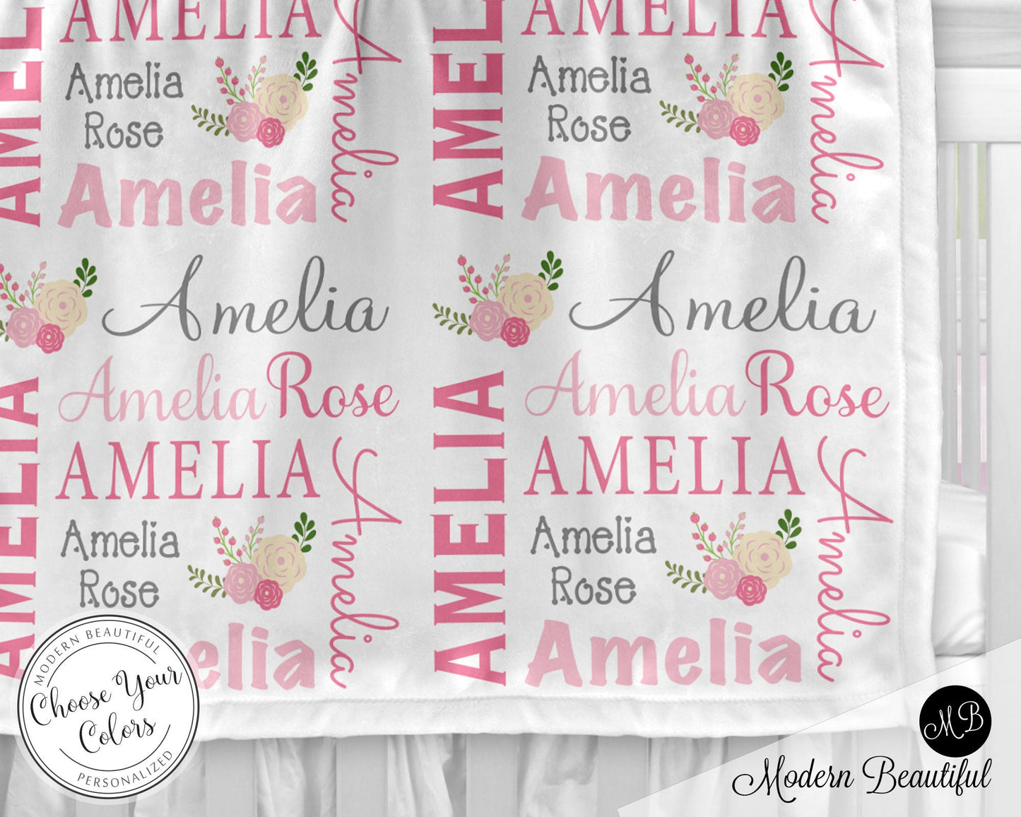 Chic flower baby girl blanket, personalized flower swaddle blanket with name, newborn baby girl gift with chic pink flowers, (CHOOSE COLORS)