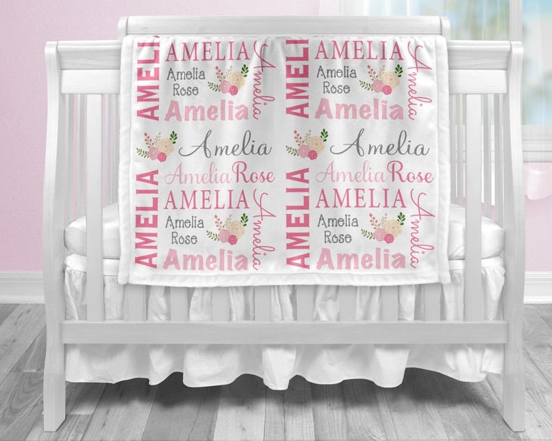 Chic flower baby girl blanket, personalized flower swaddle blanket with name, newborn baby girl gift with chic pink flowers, (CHOOSE COLORS)