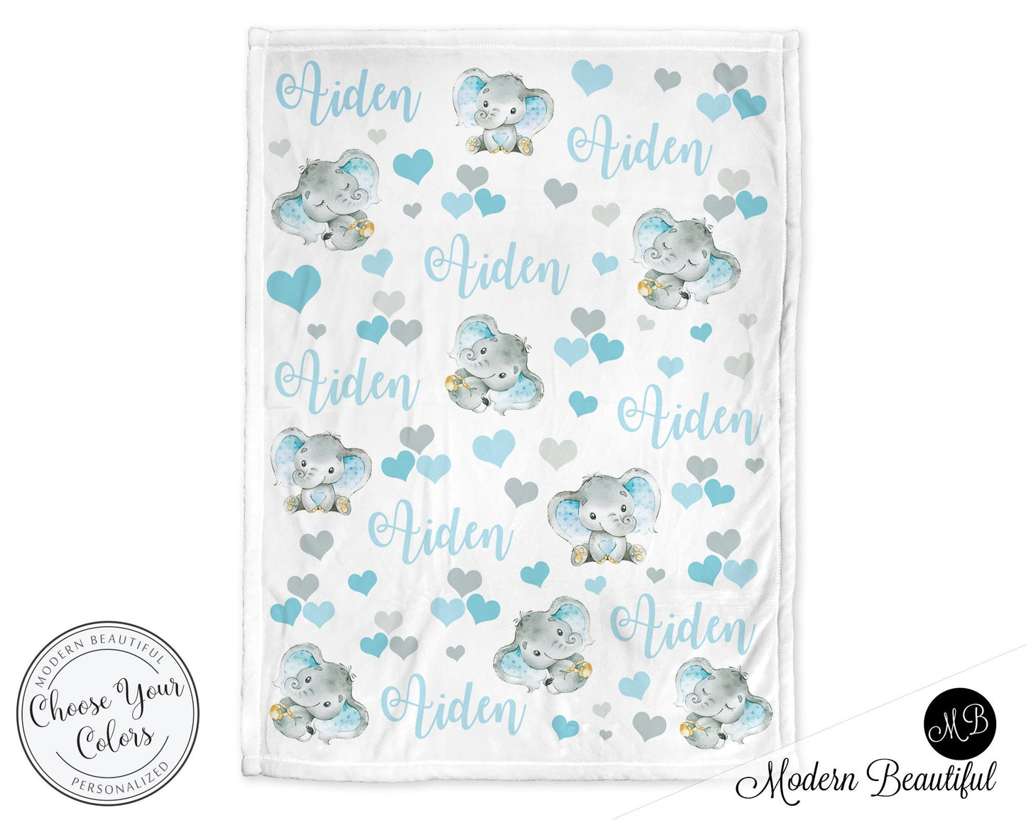 Personalized Elephant Baby Name Blanket Light Blue Boy