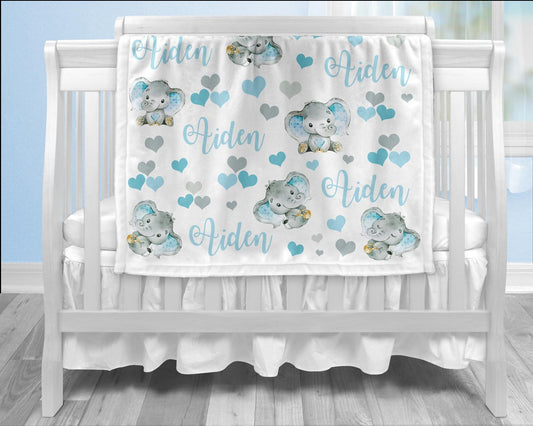 Personalized Elephant Baby Name Blanket Light Blue Boy