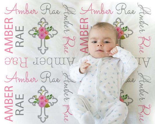 Personalized Baptism Cross with Flowers Baby Name Blanket Girl