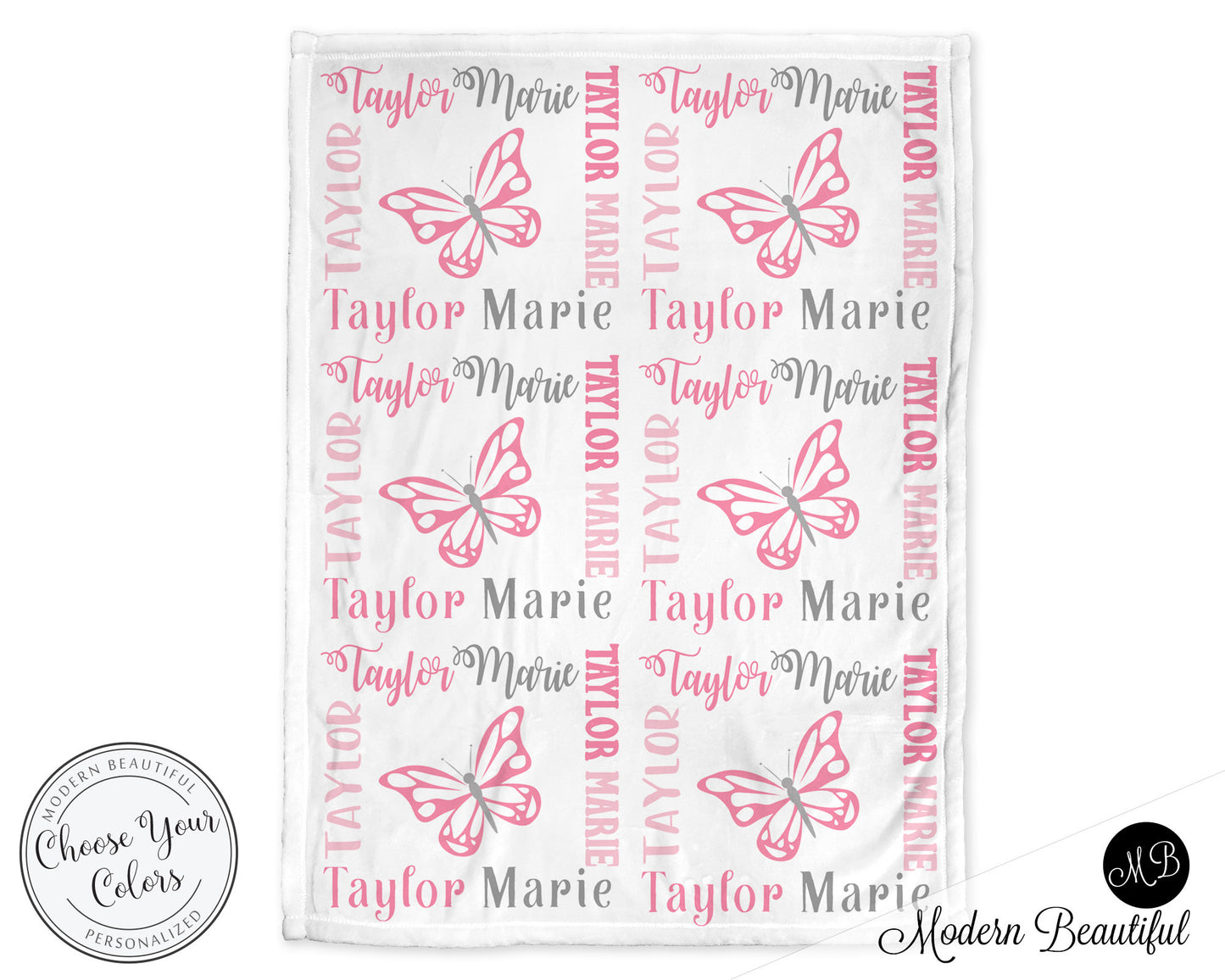 Personalized Pink Butterfly Baby Name Blanket Girl