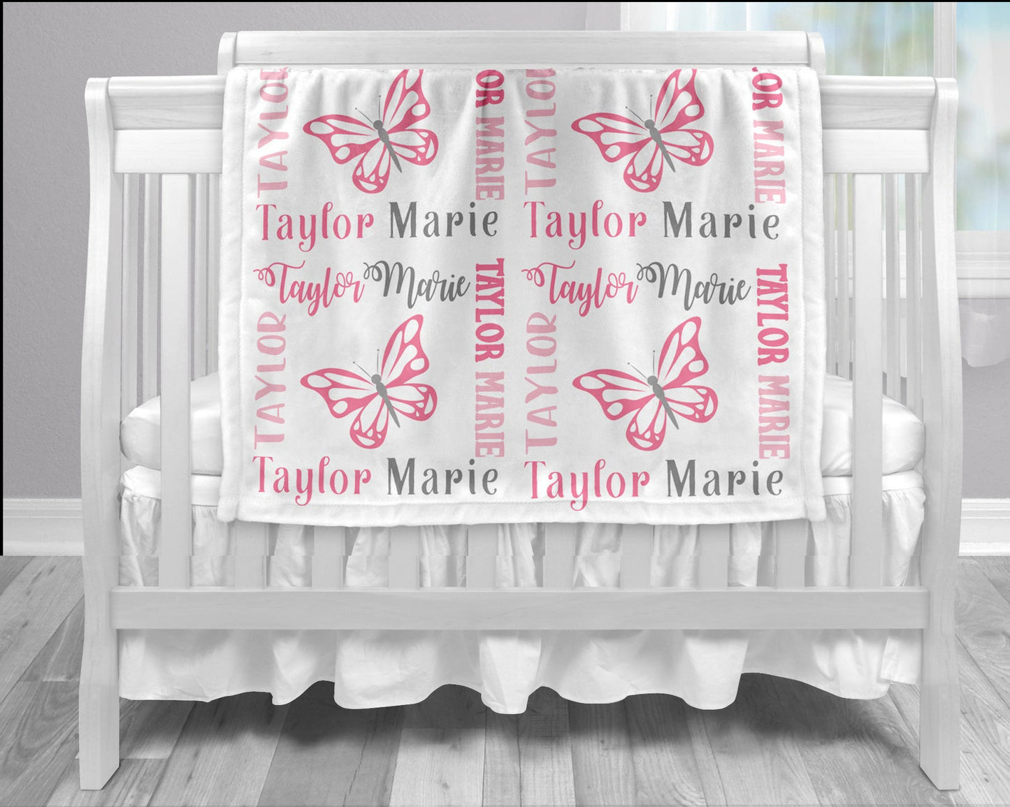 Personalized Pink Butterfly Baby Name Blanket Girl