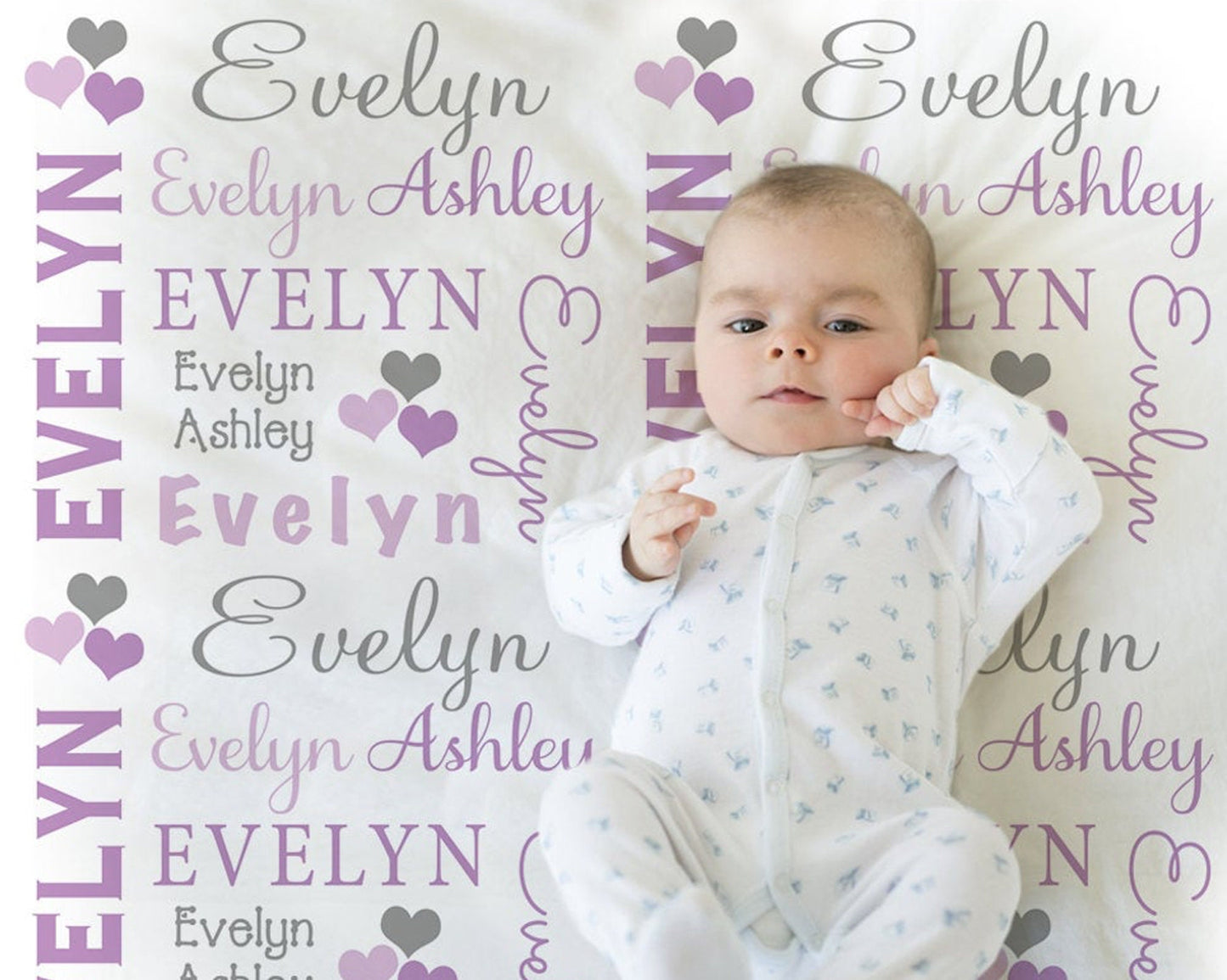 Personalized Hearts Baby Name Blanket Girl Purple