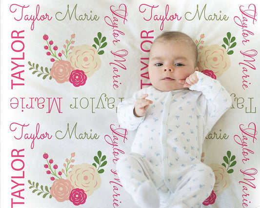 Personalized Flowers Baby Name Blanket Girl