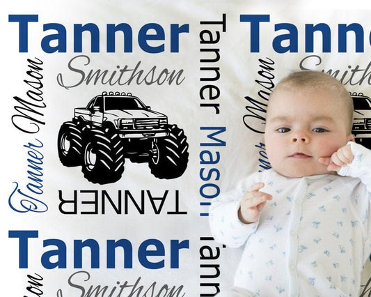 Personalized Monster Truck Baby Name Blanket Boy